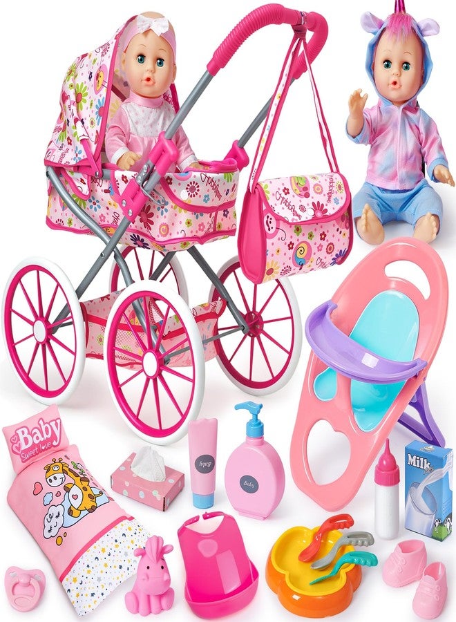 Golray 12 in Baby Doll Toys Set with Stroller for 3 4 5 6 Year Old Girl - 26pcs Babydoll with Accessories Quilt Pillow/Highchair/2 Clothes, Feeding Nursing Pretend Play Toddler Girl Toy Gift 3-5-7 - Image 1